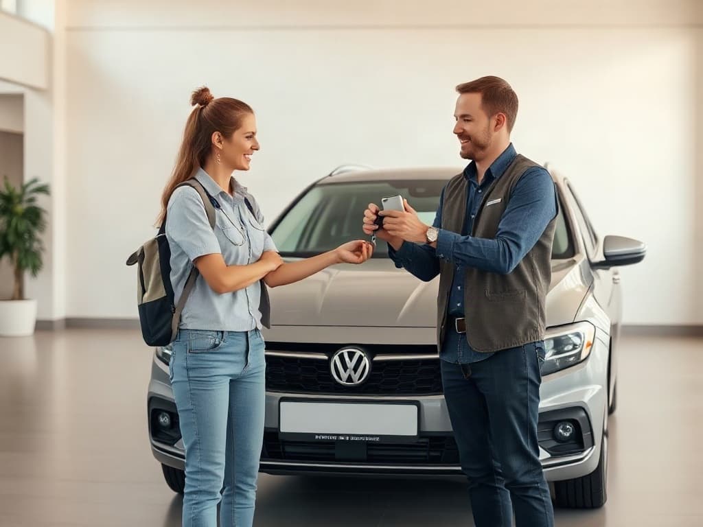 Illustrative, low-key vehicle key handoff between a customer and dealership staff.