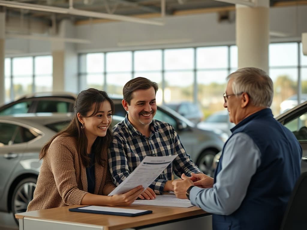 Illustrative scene of a couple reviewing a vehicle price breakdown with a dealership professional.